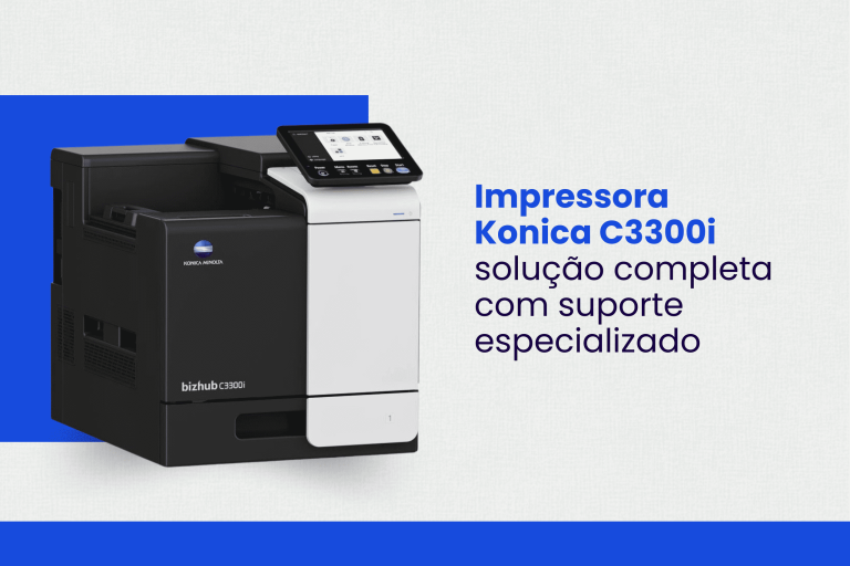 Multifuncional Konica Minolta C3300i instalada em clínica médica com impressão de exames e laudos