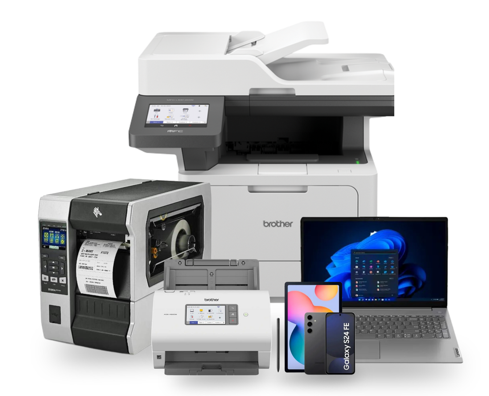 Equipamentos corporativos disponíveis para locação pela MarqueSys em Uberlândia, incluindo multifuncional Brother, impressora de etiquetas Zebra, scanner profissional, notebook Lenovo e smartphone Samsung.