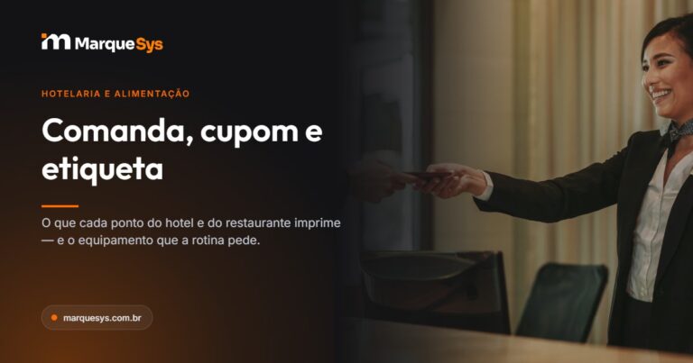 Recepção de hotel com atendimento ao hóspede, ilustrando os pontos de impressão da operação