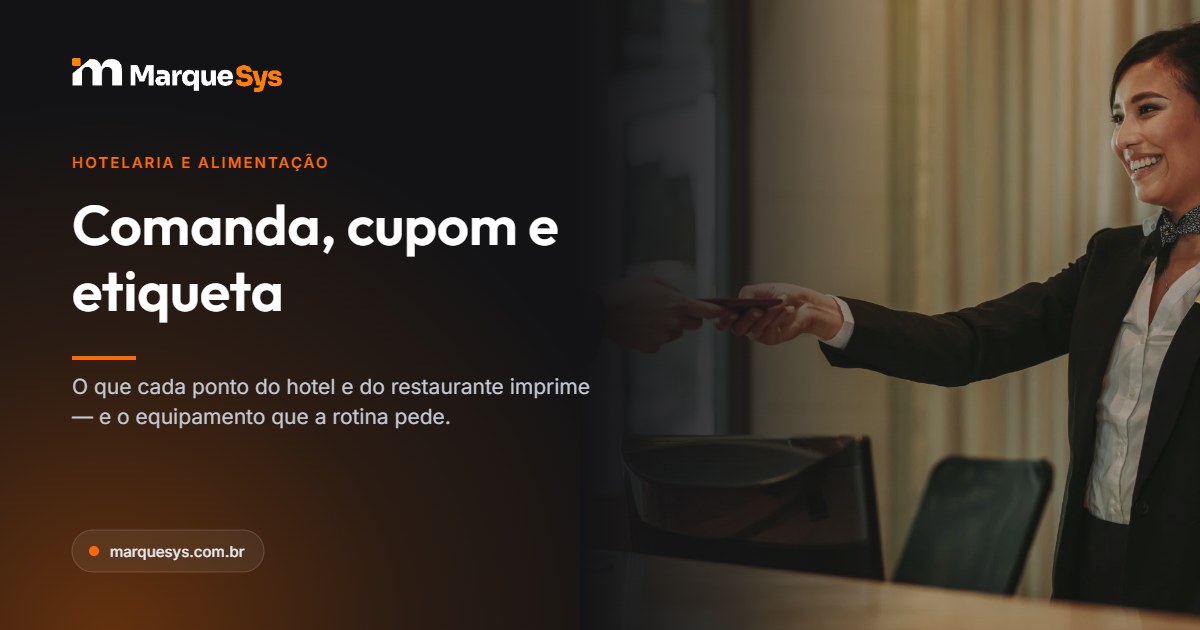 Recepção de hotel com atendimento ao hóspede, ilustrando os pontos de impressão da operação