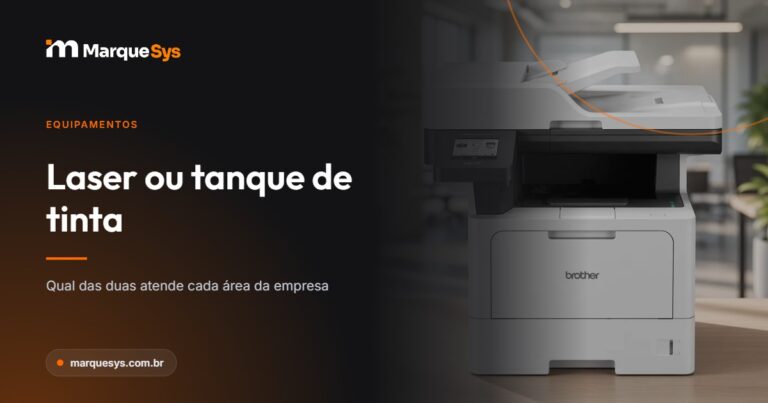 Arte do artigo que compara impressora laser e tanque de tinta, com multifuncional laser em um escritório, sobre fundo escuro da MarqueSys