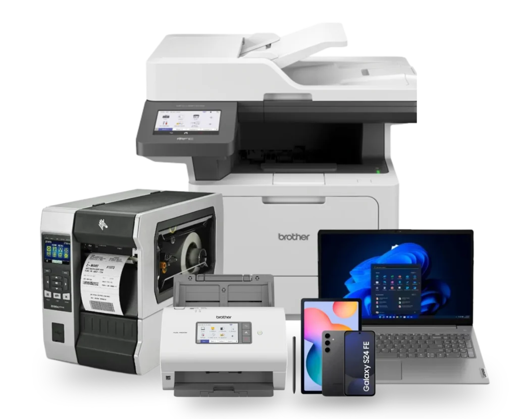 Multifuncional Brother, impressora de etiquetas Zebra, scanner, notebook Lenovo e smartphone Samsung: equipamentos corporativos da MarqueSys em Uberlândia