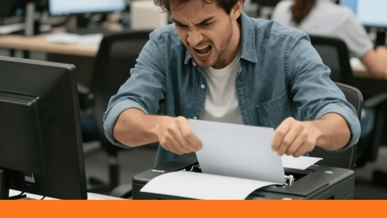 Funcionário irritado puxando papel atolado em impressora no escritório