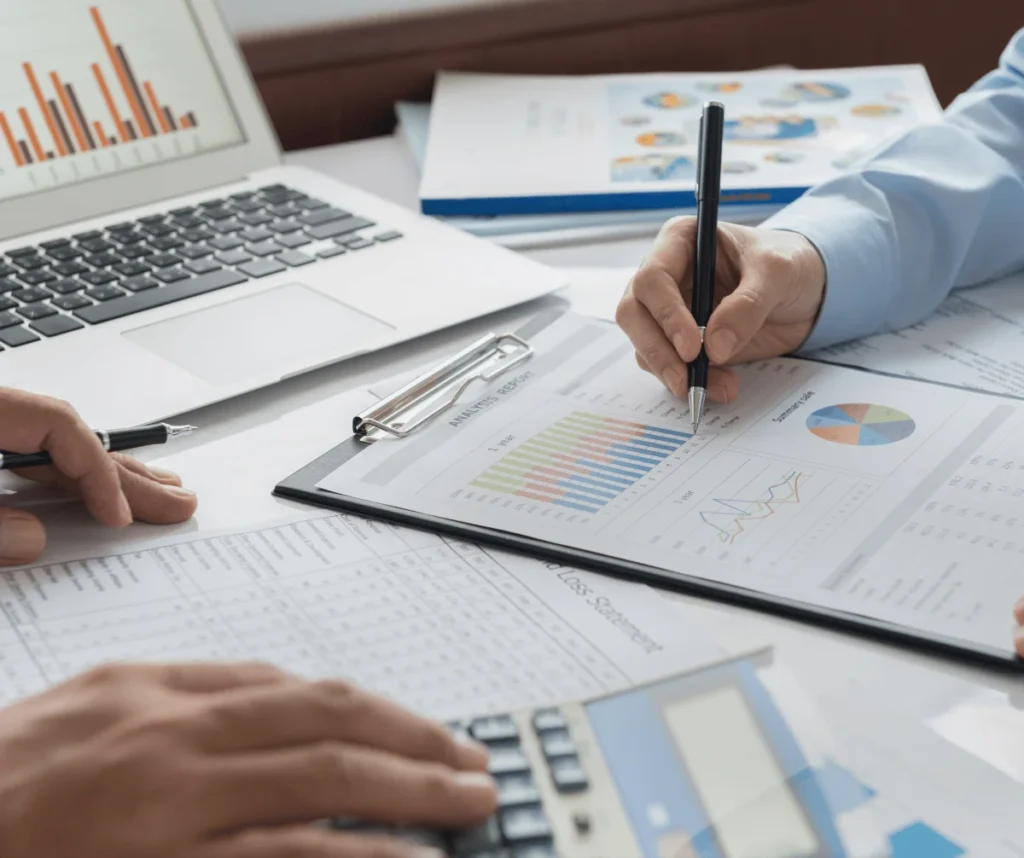 Contadores analisando relatórios impressos com gráficos e calculadora: locação de impressoras da MarqueSys para escritórios de contabilidade em Uberlândia