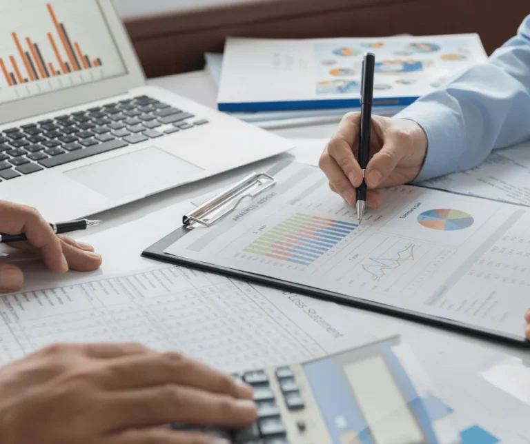 Contadores analisando relatórios impressos com gráficos e calculadora: locação de impressoras da MarqueSys para escritórios de contabilidade em Uberlândia