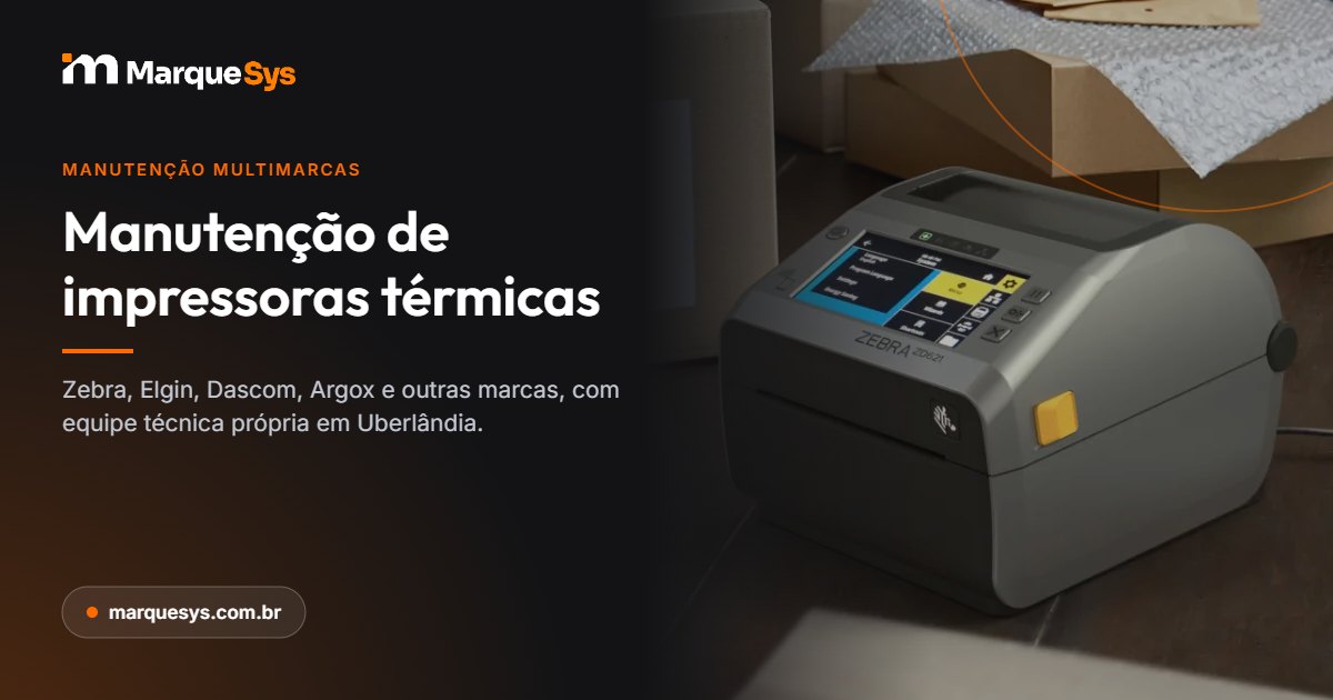 Impressora de etiquetas Zebra ZD621d numa bancada de expedição, ao lado de caixas e plástico-bolha, na arte do artigo sobre manutenção de impressoras térmicas da MarqueSys